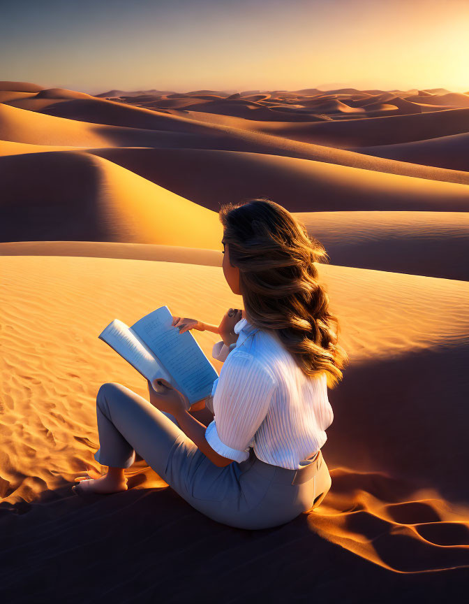 Person reading book on golden desert sand dune