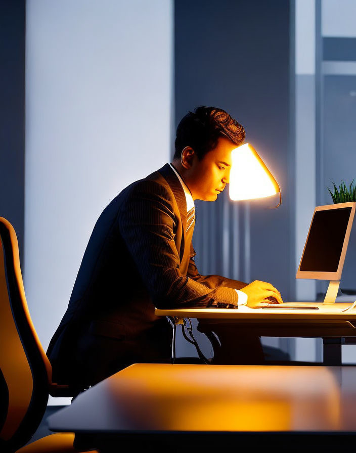 Businessperson working on laptop in dimly lit office