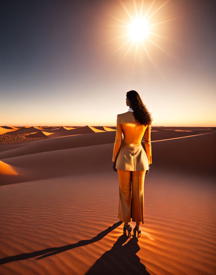 Stylish woman in yellow outfit in desert at sunset