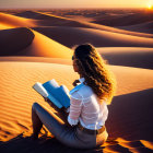 Person reading book on golden desert sand dune