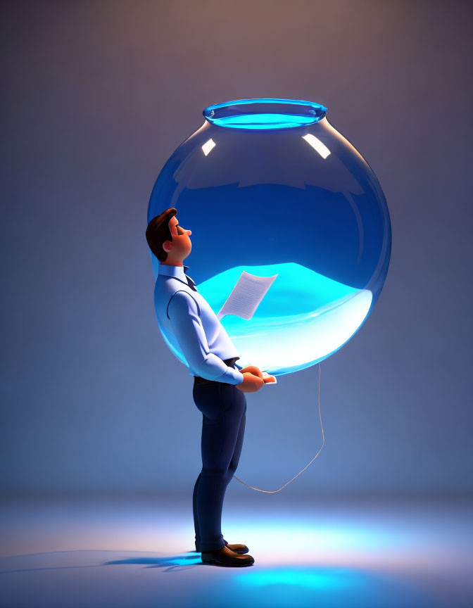 Illustration of a man in a suit with transparent water-filled bowl and boat