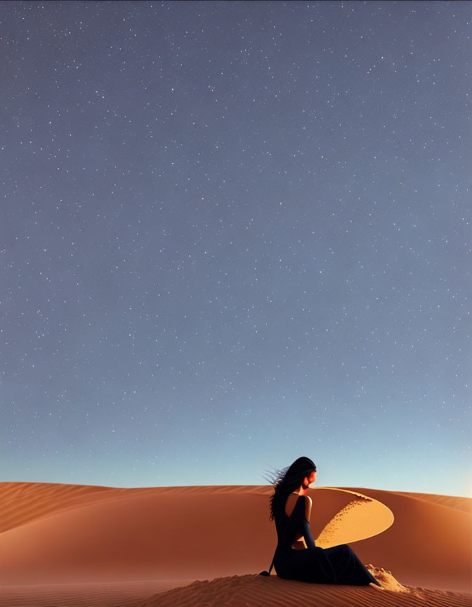 Person sitting on sand dune under starry sky at twilight