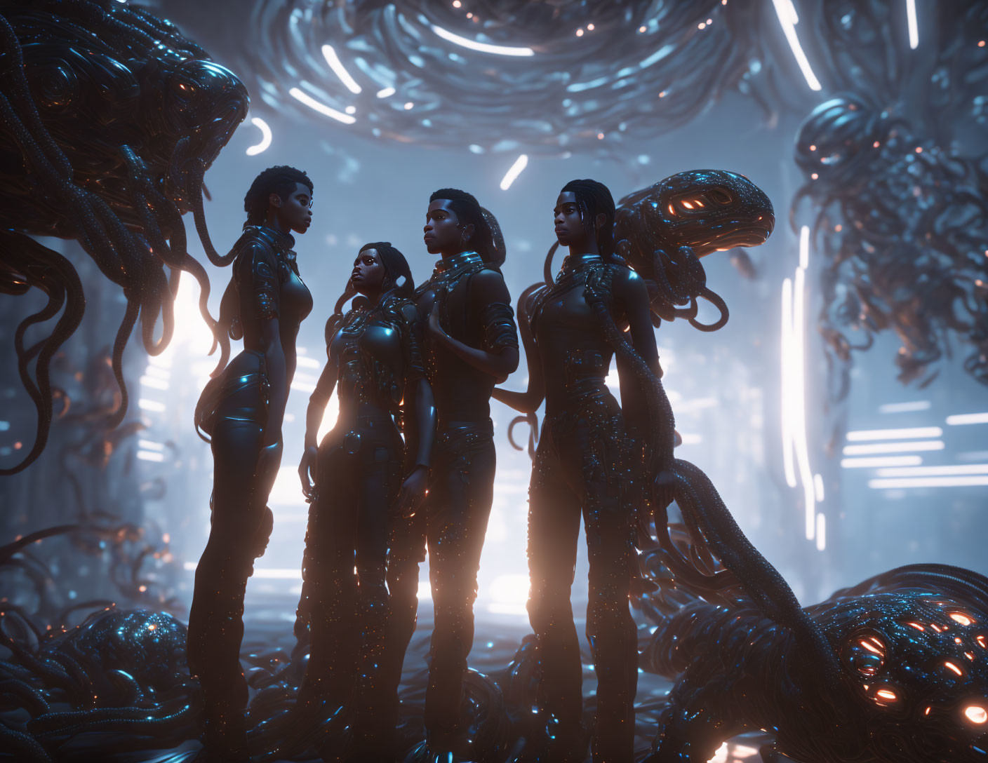 Four futuristic figures in dimly lit setting with glowing tentacles.