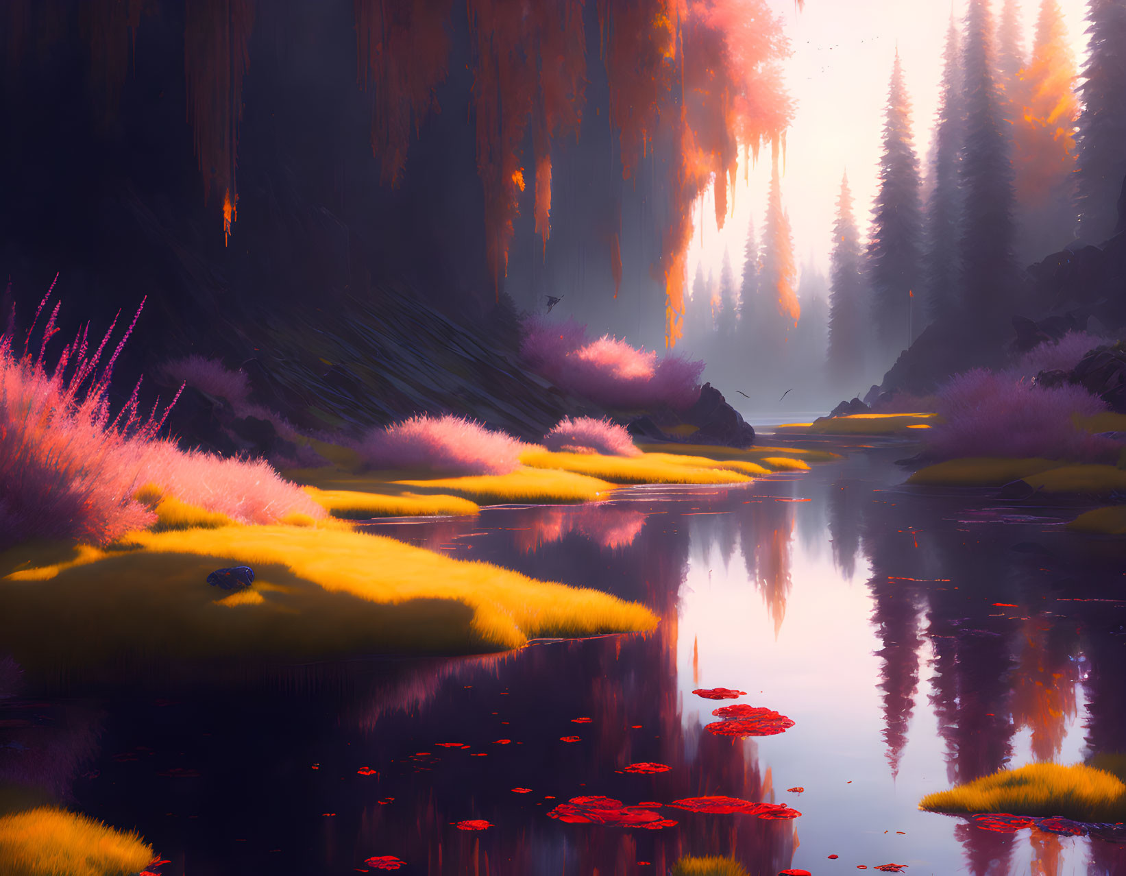 Mystical landscape with reflective river, vibrant flora, orange-tinged atmosphere