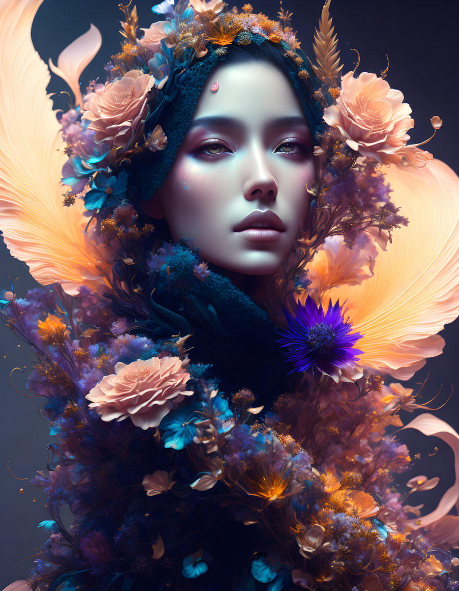 Ethereal portrait with glowing skin and floral surroundings