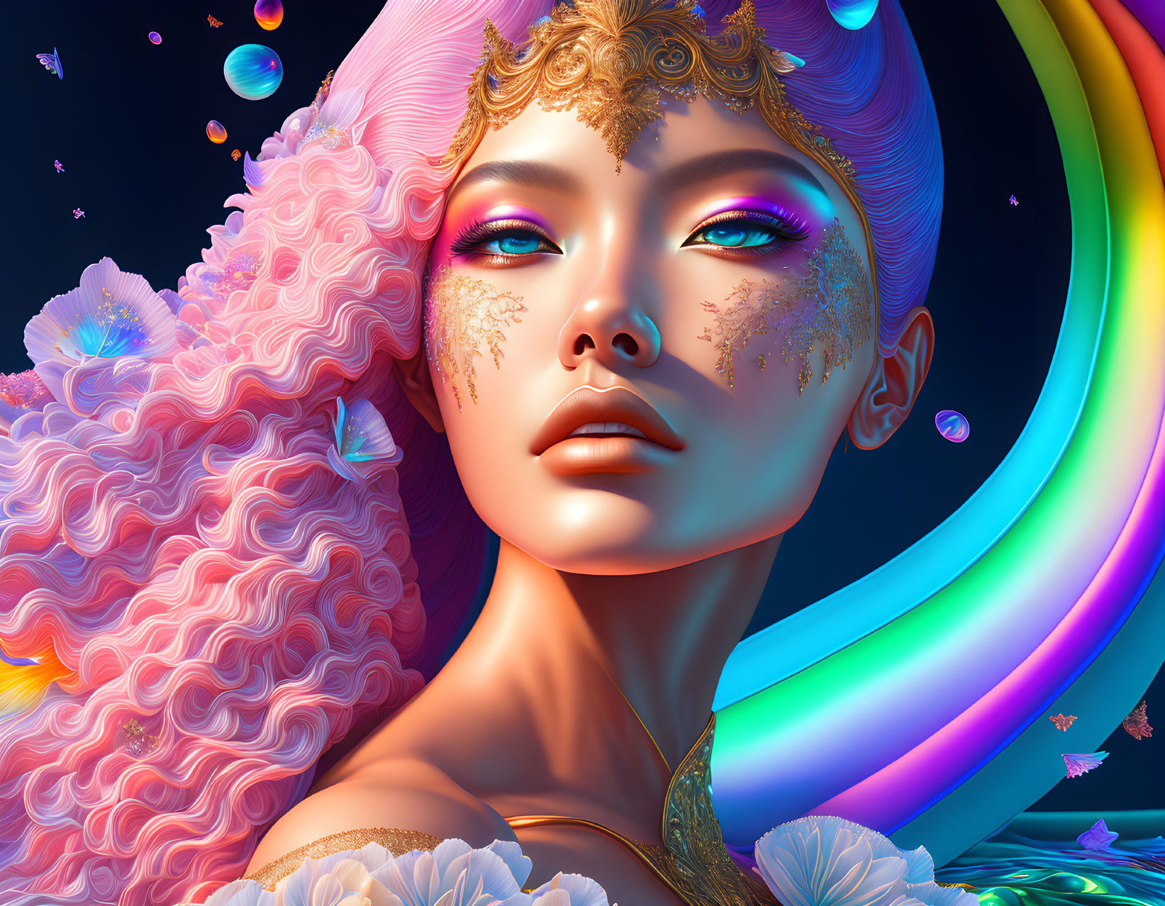 Colorful digital artwork: Woman with pink hair, golden accents, celestial theme