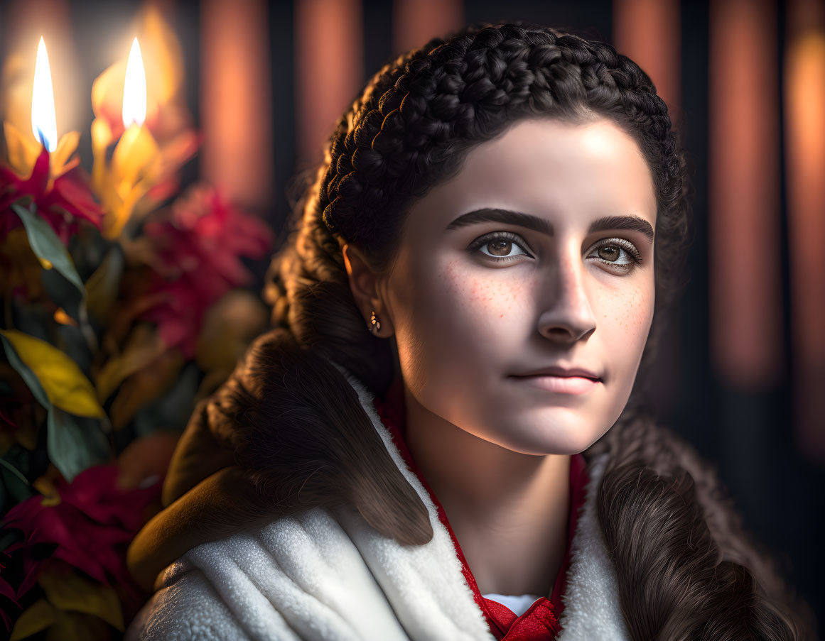 Portrait of young woman with braided hair, freckles, white fur-trimmed cloak,