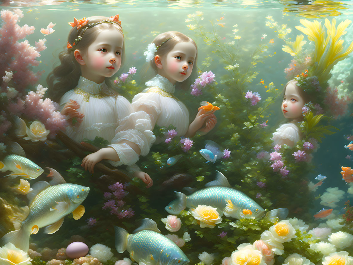 Ethereal girls above water with vibrant flowers and fish