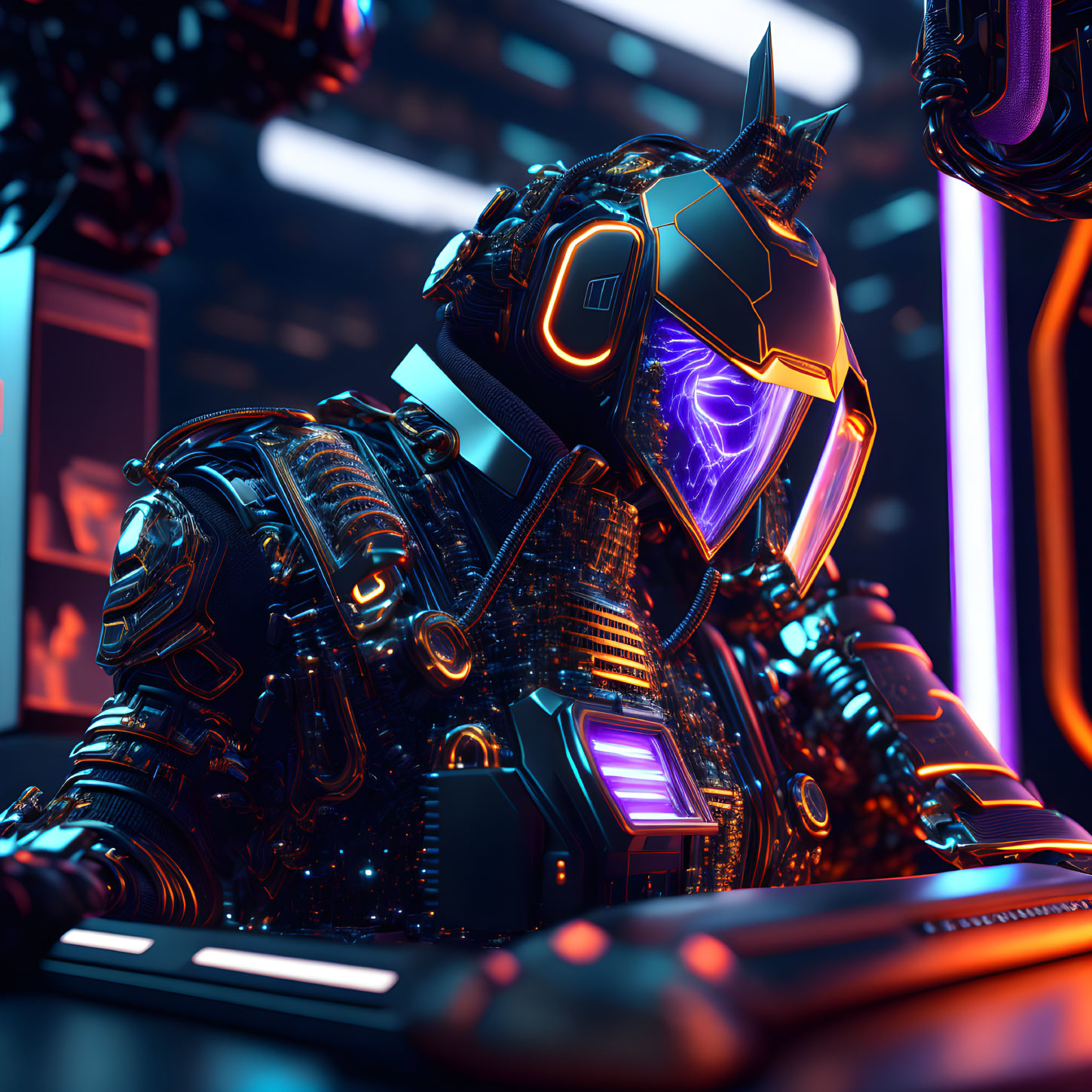 Futuristic robot in neon-lit environment with blue lights & intricate armor