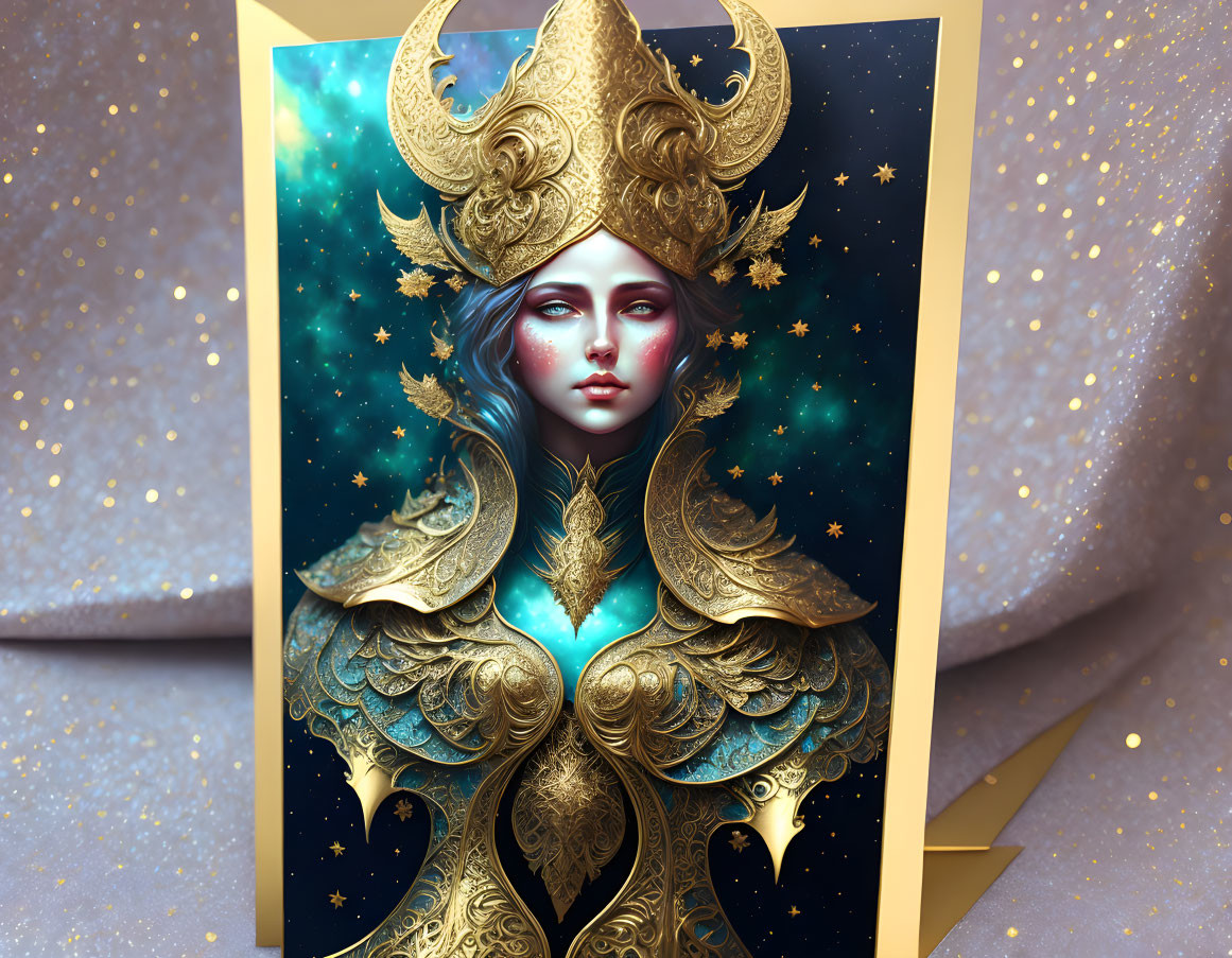 Fantasy figure in celestial armor with golden crown on starry background