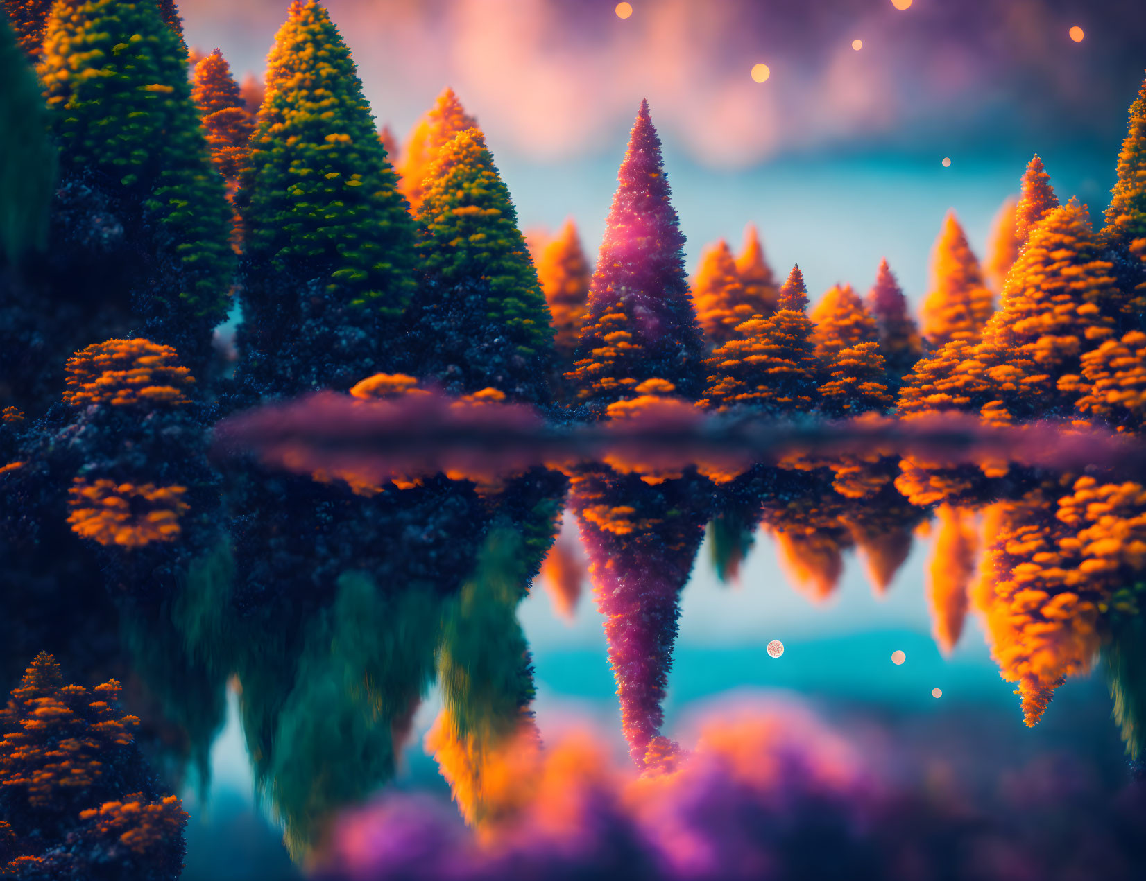 Colorful trees reflecting in water with misty background and sparkling lights