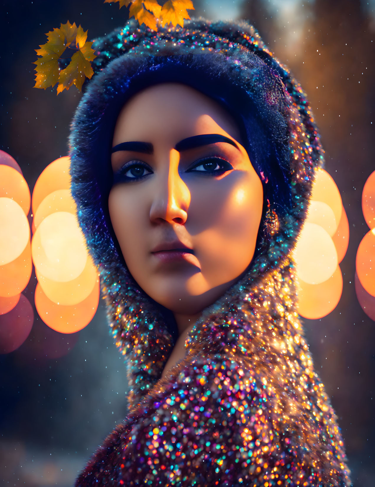 Sparkly hooded garment woman with autumn leaves and glowing lights