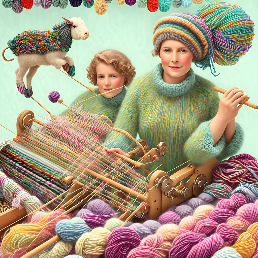 Colorful yarn knitting illustration with people, sheep, and needles