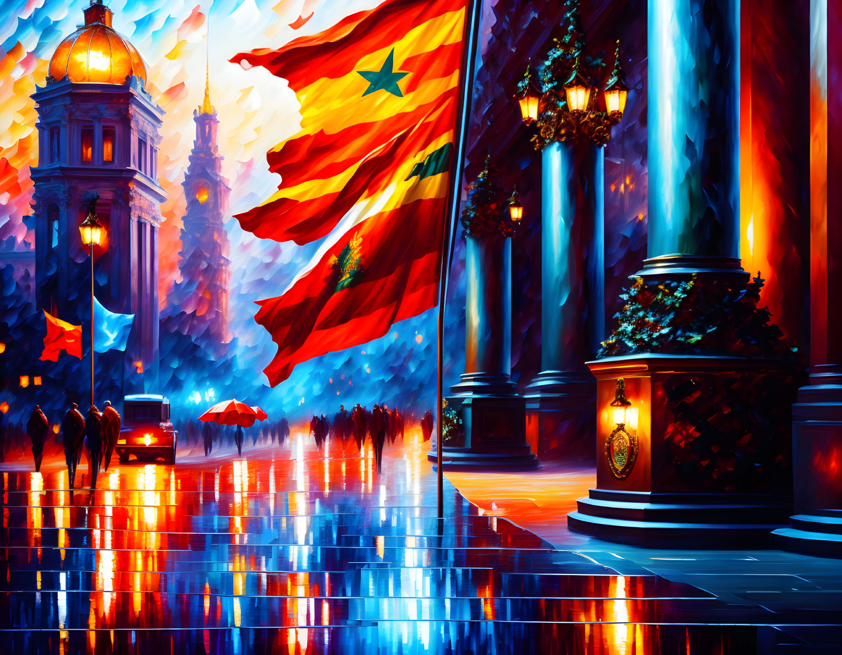 Colorful urban dusk scene with reflective street, illuminated architecture, and fluttering flag.