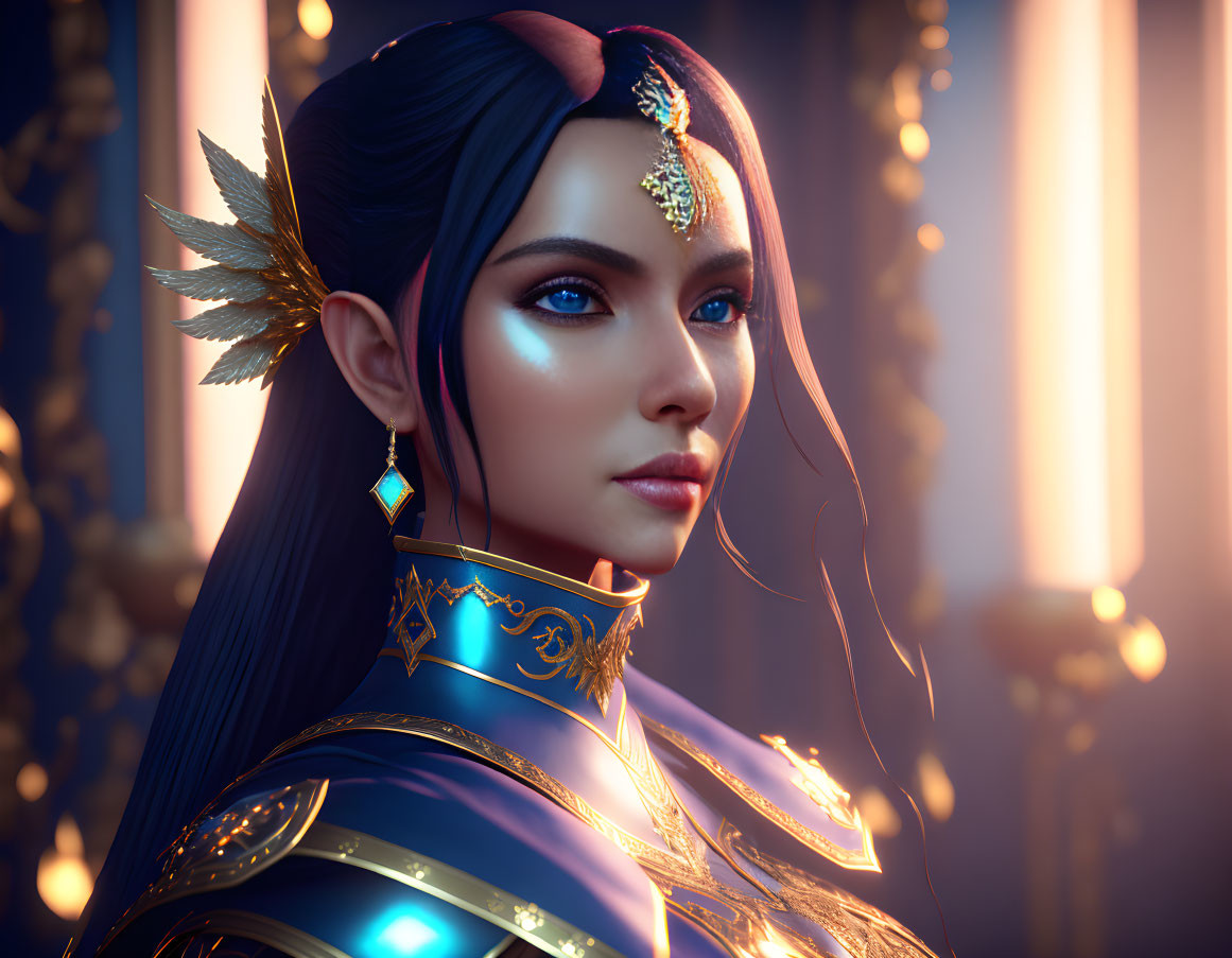 Fantasy digital art: Woman in ornate blue and gold armor with pointy ears.