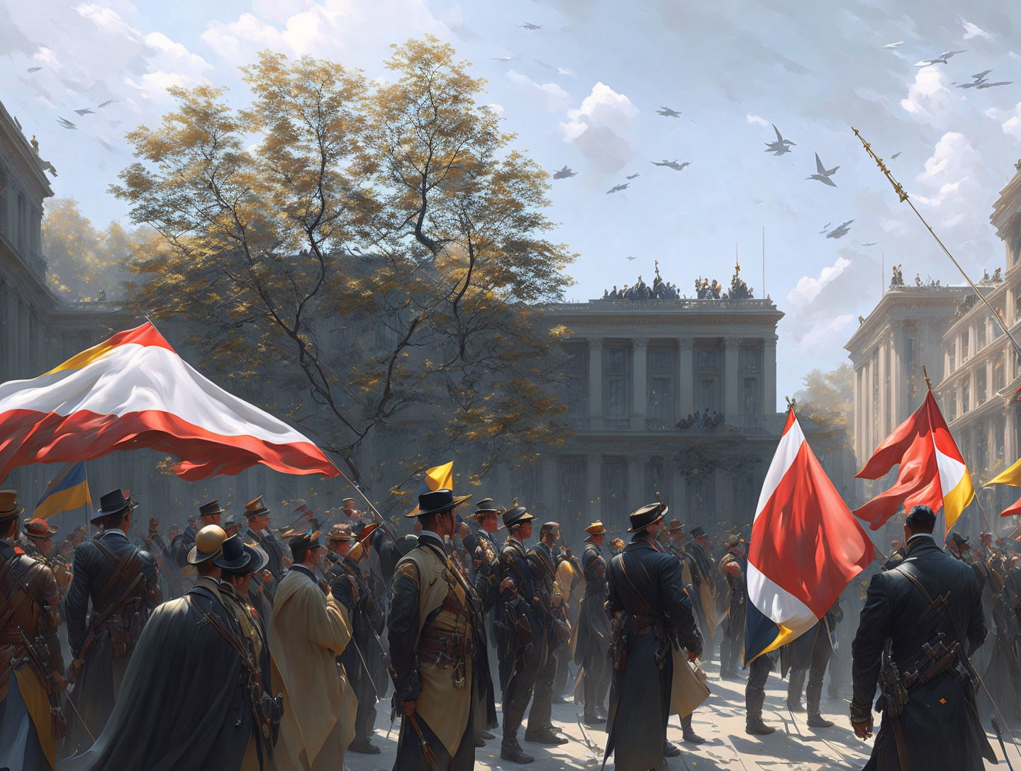 Uniformed Individuals with Flags in Sunny Square and Jets Flying Overhead