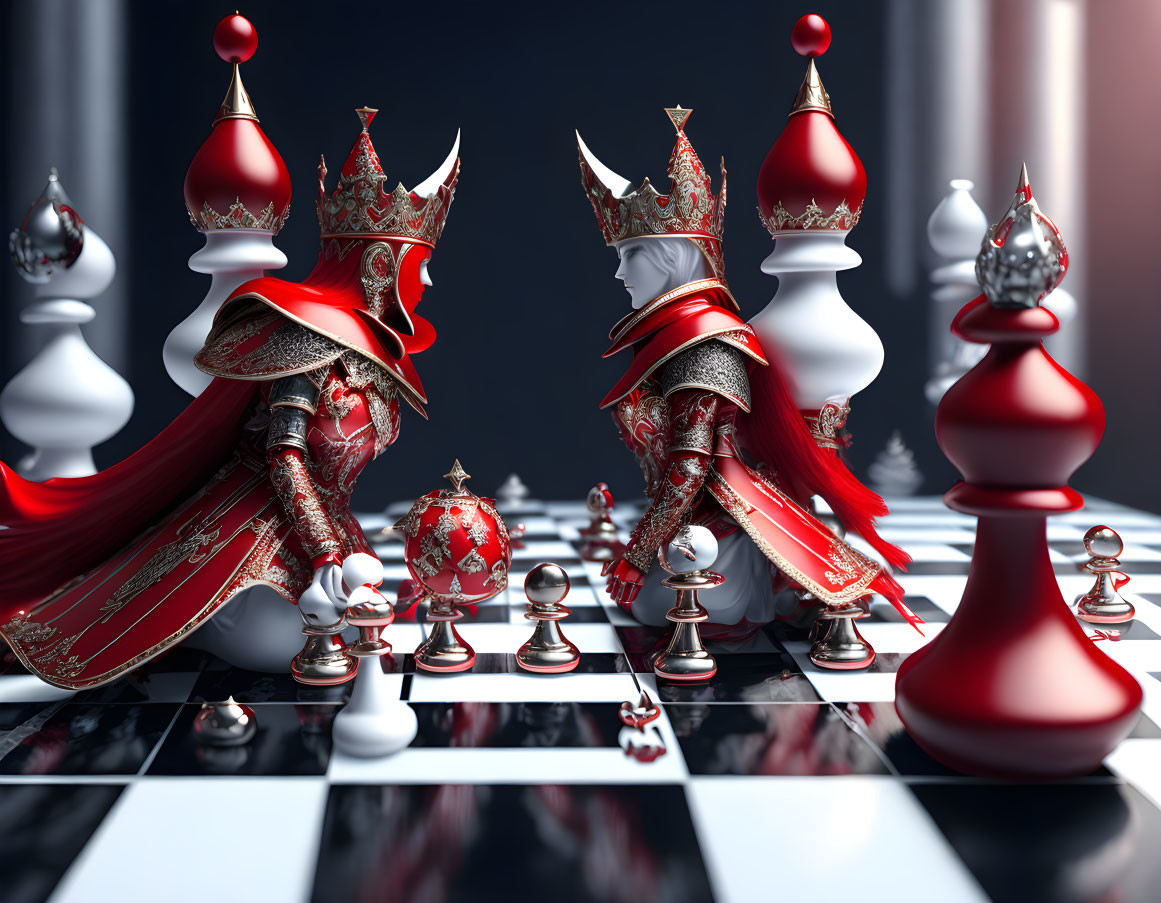 Fantasy-themed chess set with ornate, armored king and queen on reflective board