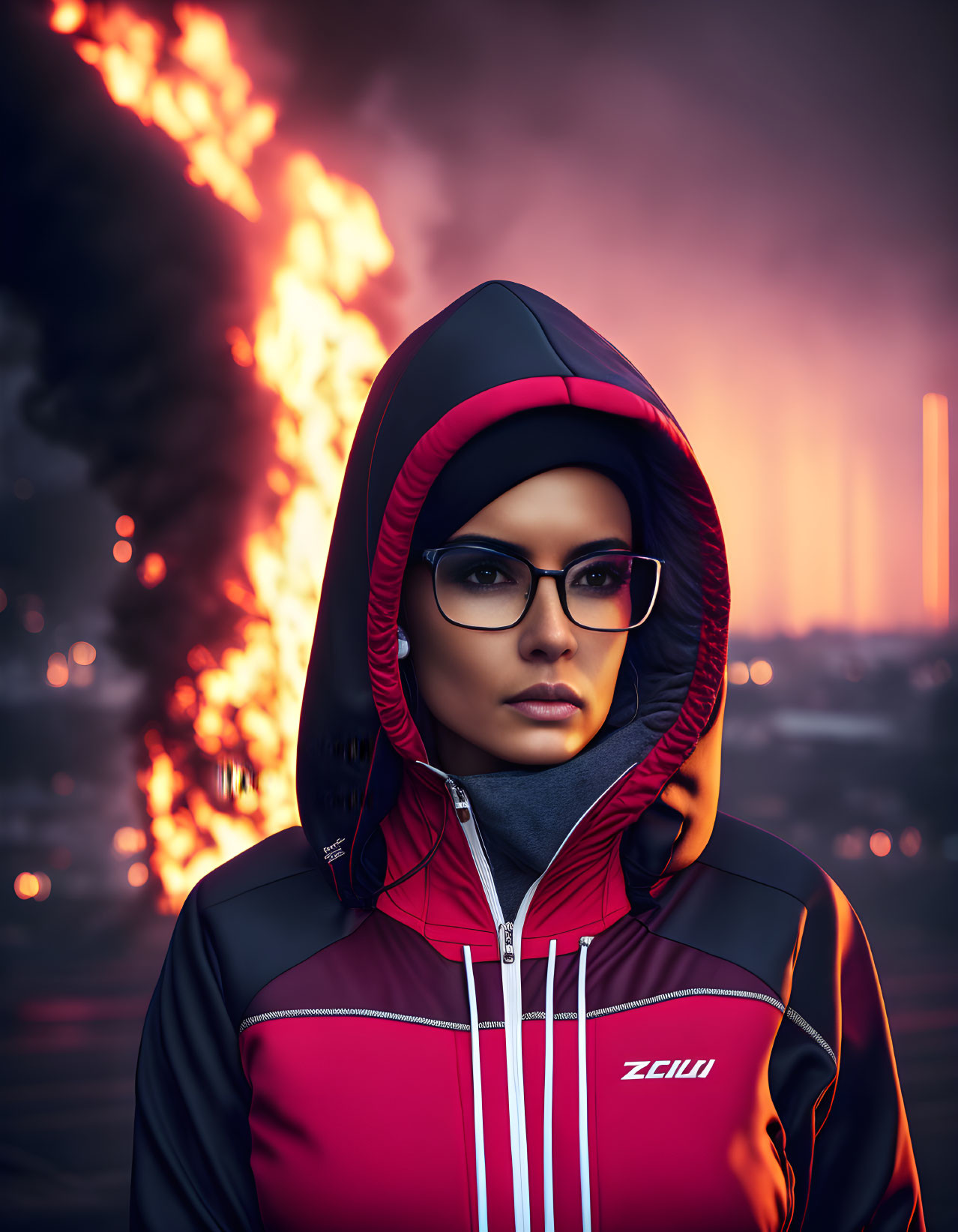 Person in Red and Black Jacket with Hood and Glasses in Front of Fiery Background