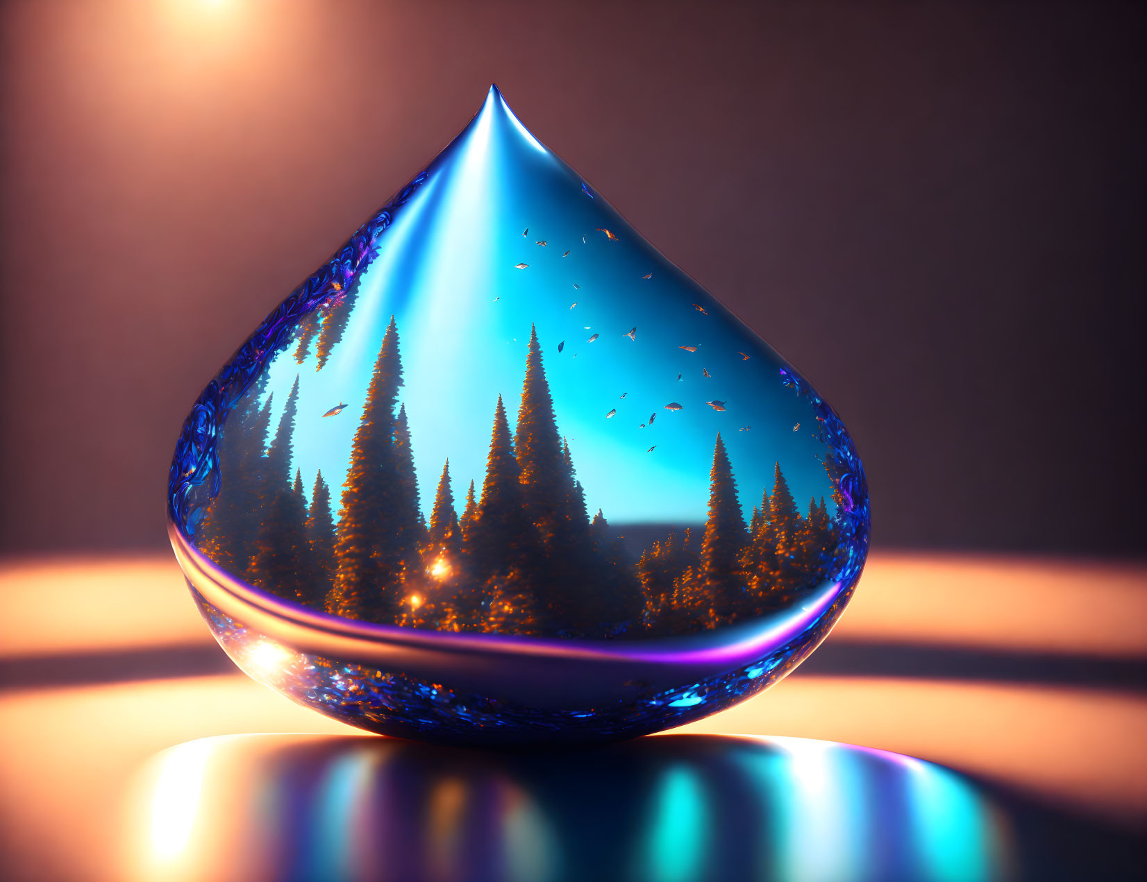 Surreal water droplet with forest scene and colorful glow