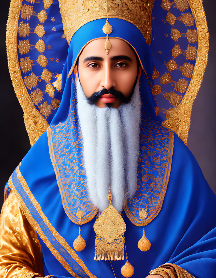 Regal figure in blue and gold turban and robe with intricate patterns and white beard