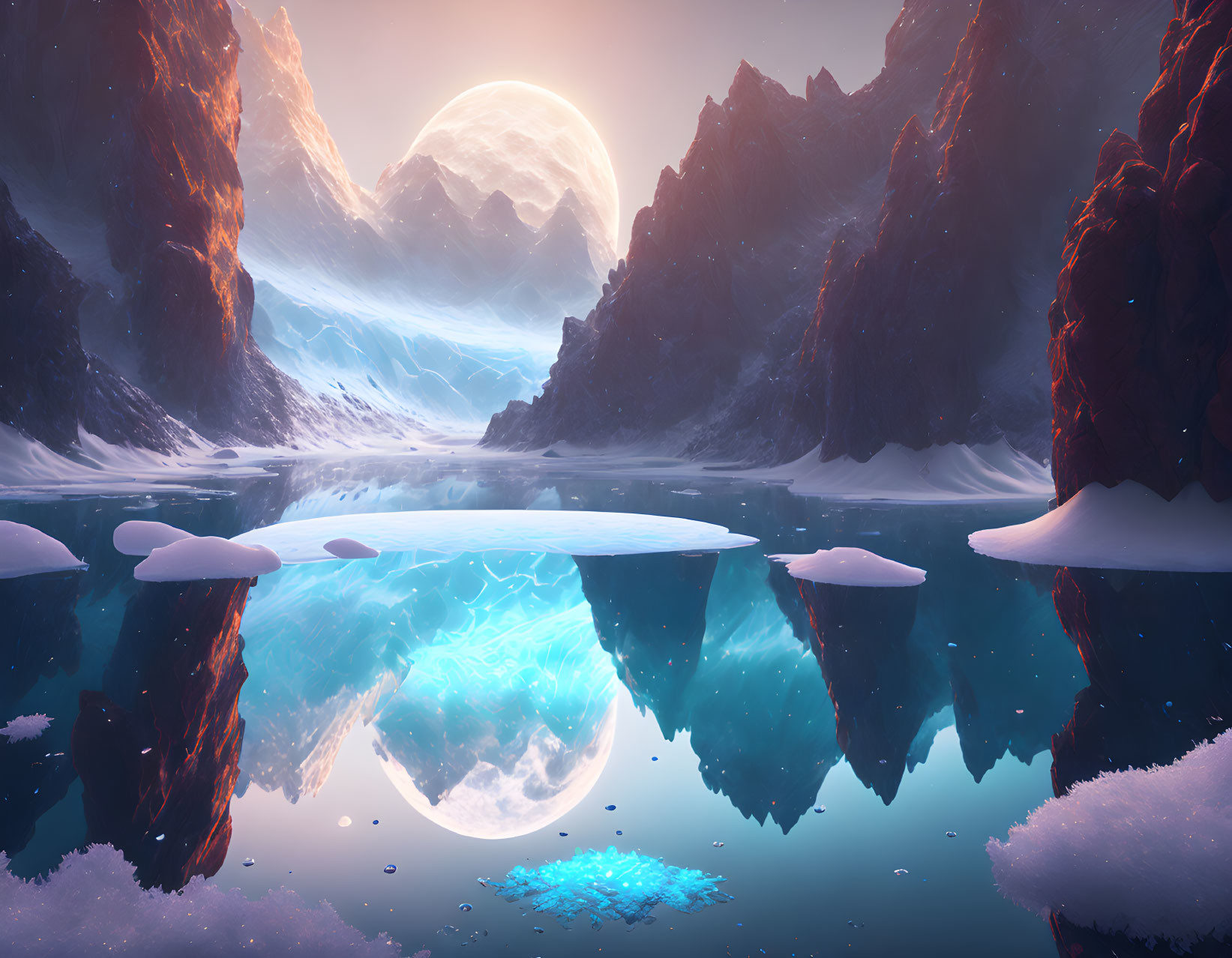 Surreal landscape: towering mountains, oversized moon, icy lake, floating ice, biolumines