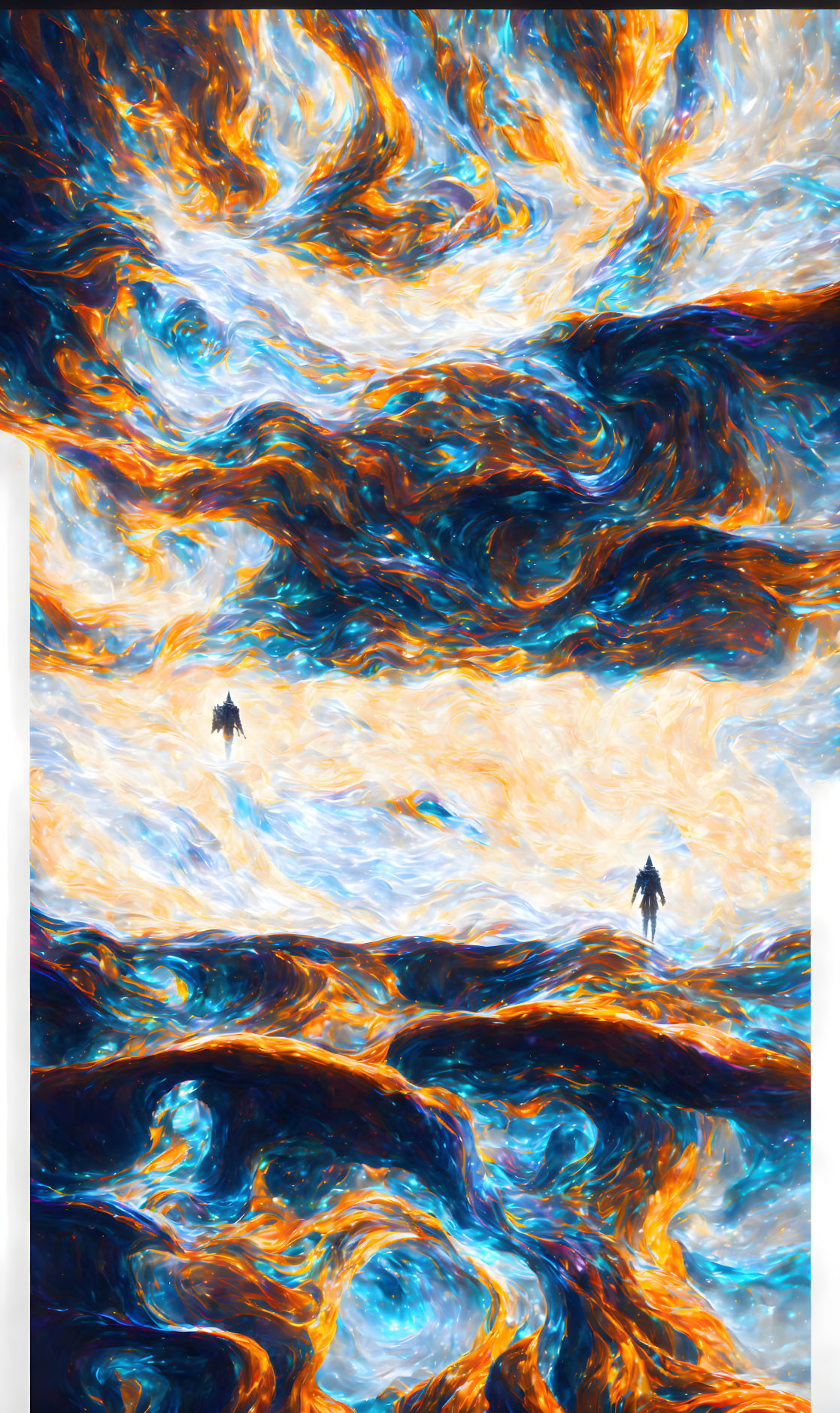 Silhouetted figures in swirling cosmic abstract patterns