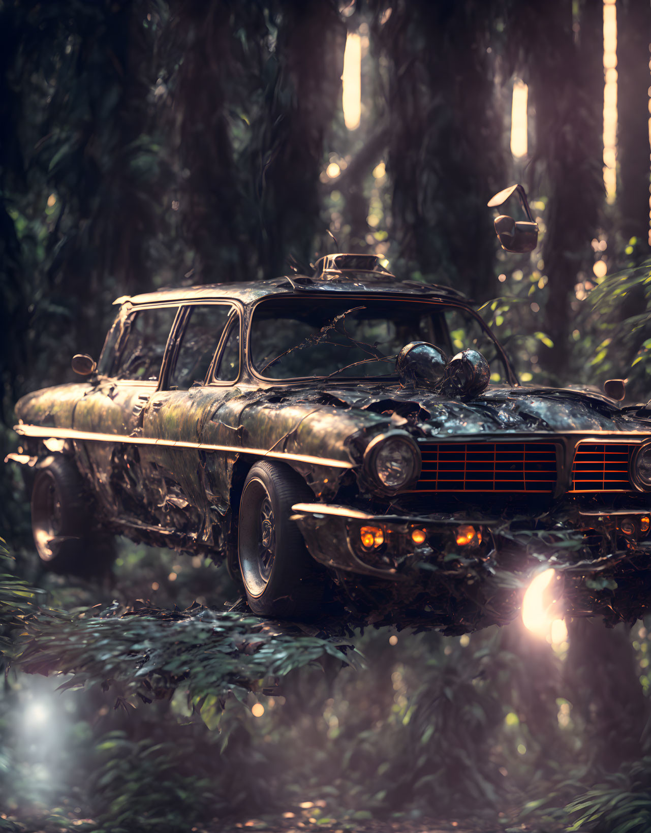 Abandoned classic car with patina finish in lush forest setting