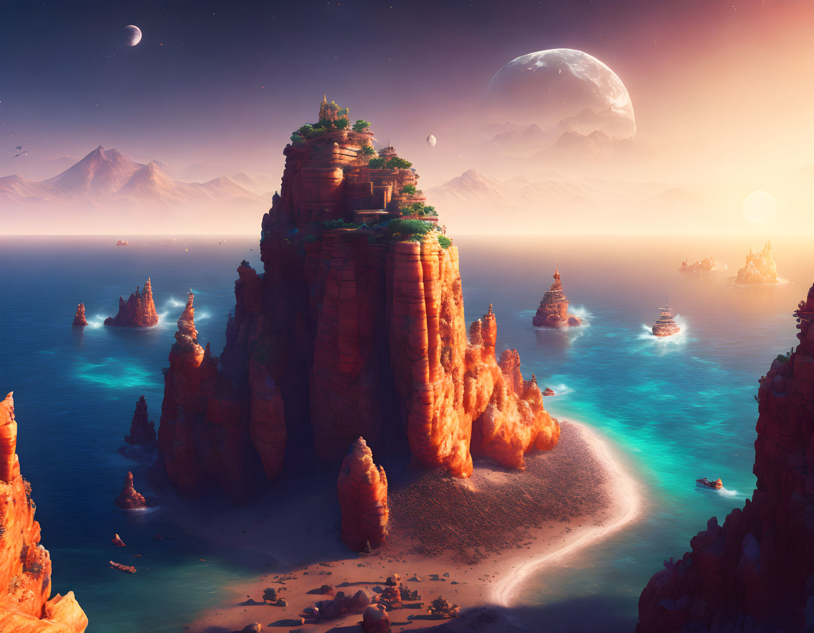 Sunset seascape with red rock formations, lush vegetation, sandy beach, and multiple moons.