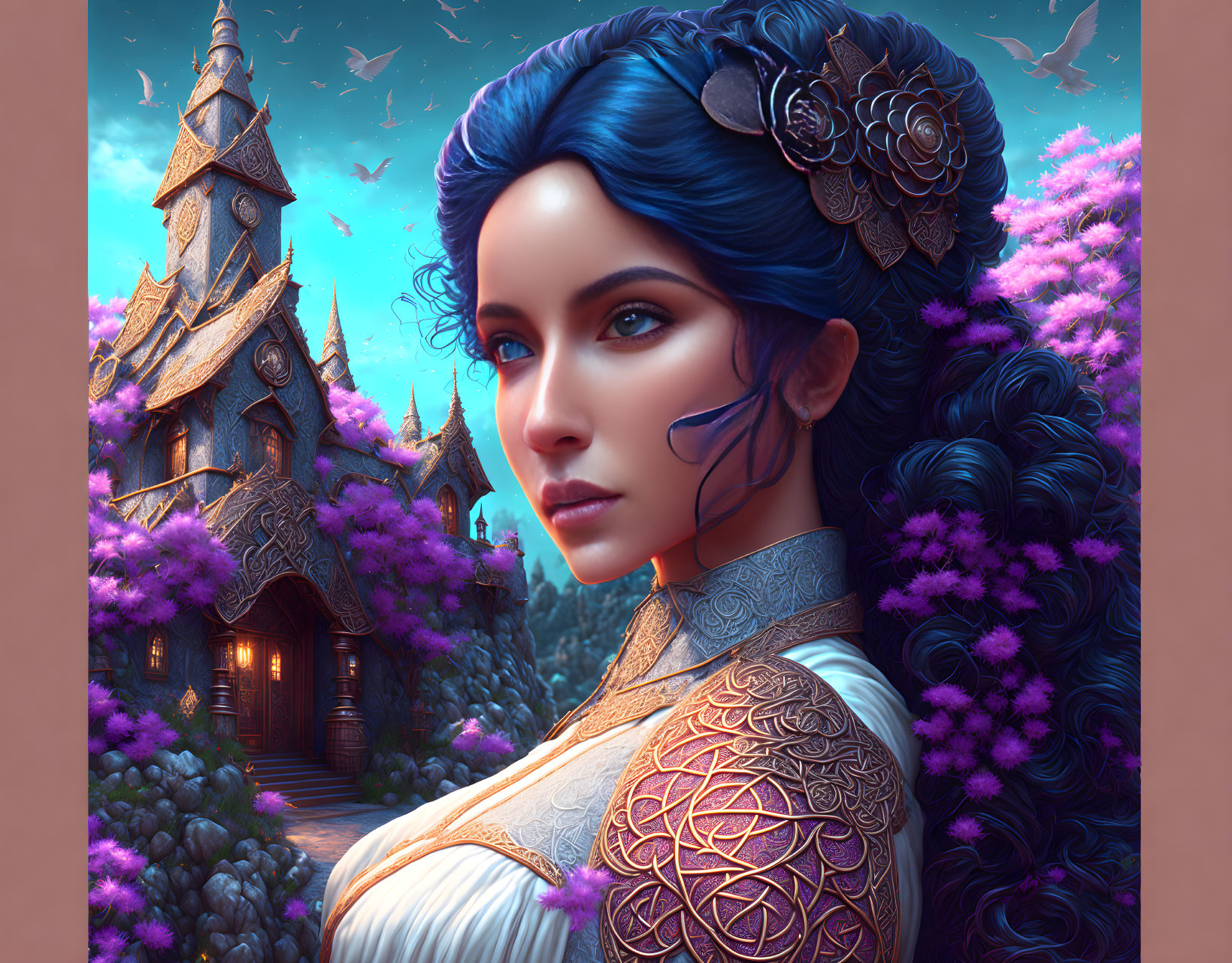 Digital artwork: Woman with blue hair and tattoos by fantastical house in purple foliage under twilight sky