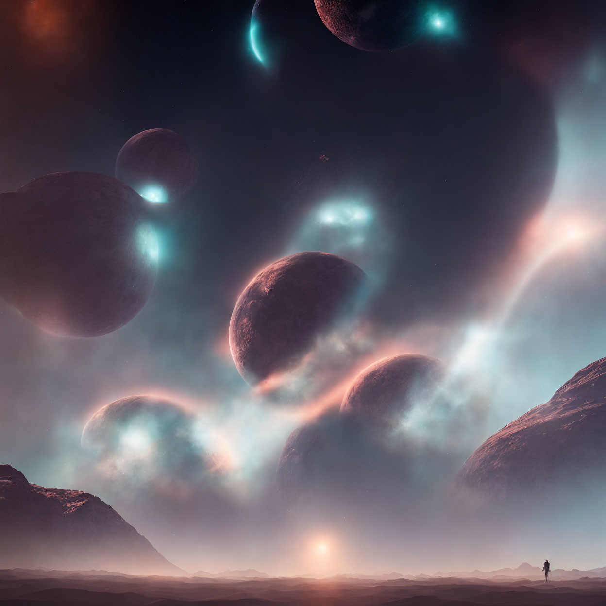 Figure Contemplating Surreal Celestial Landscape