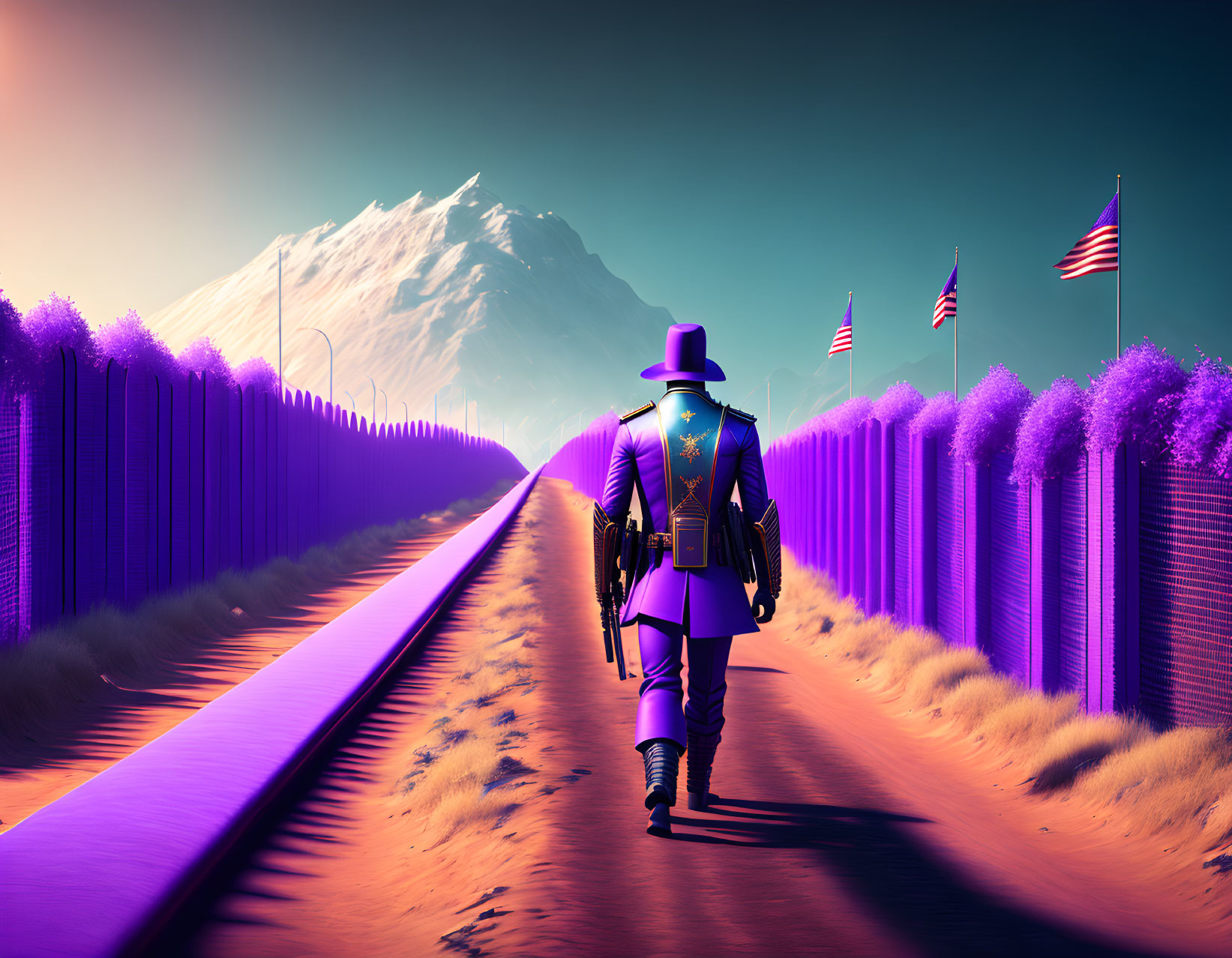 Person in trench coat and fedora on purple road with flags and mountain