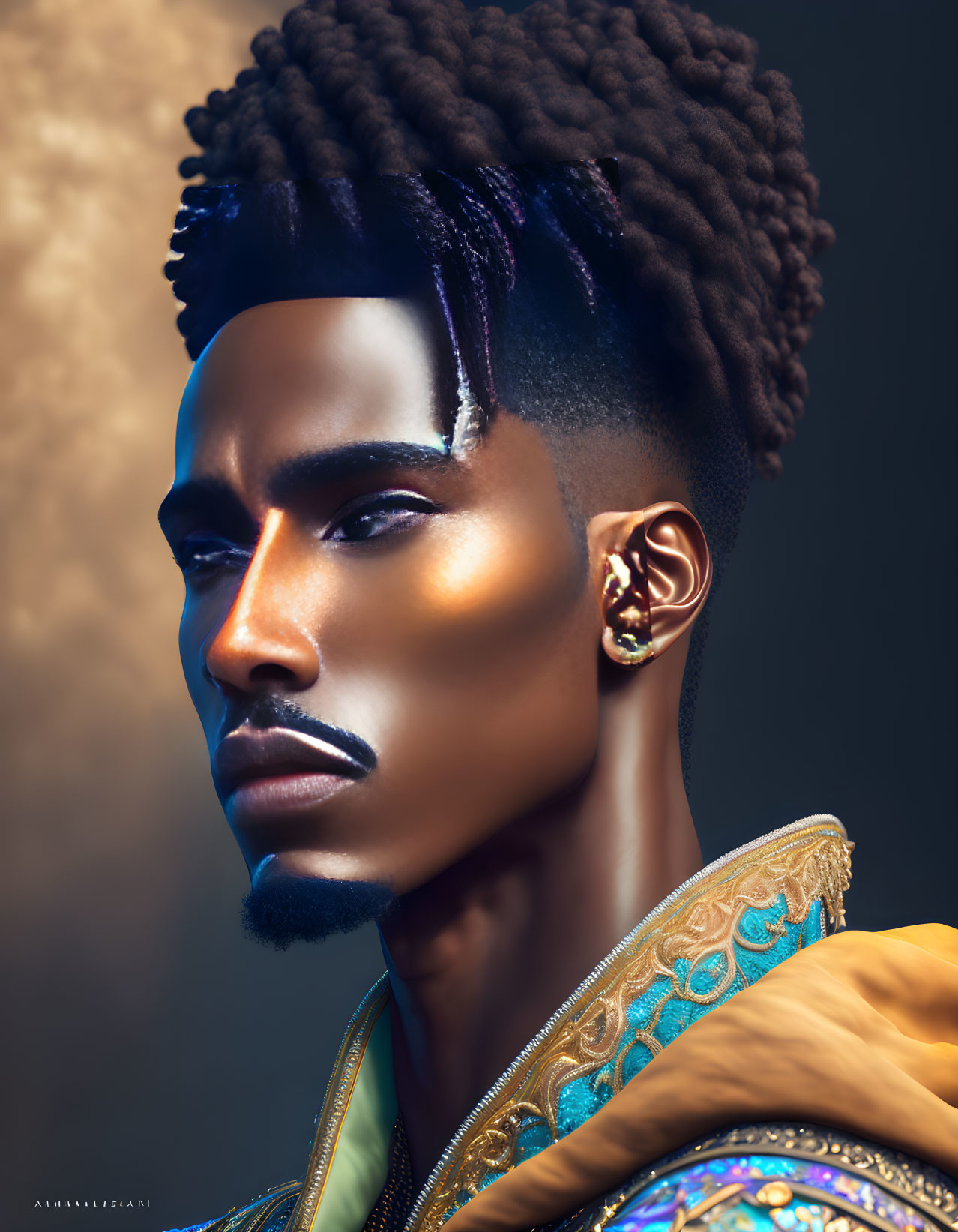 Stylized portrait of man with high-top fade, beard, golden earring, in blue &