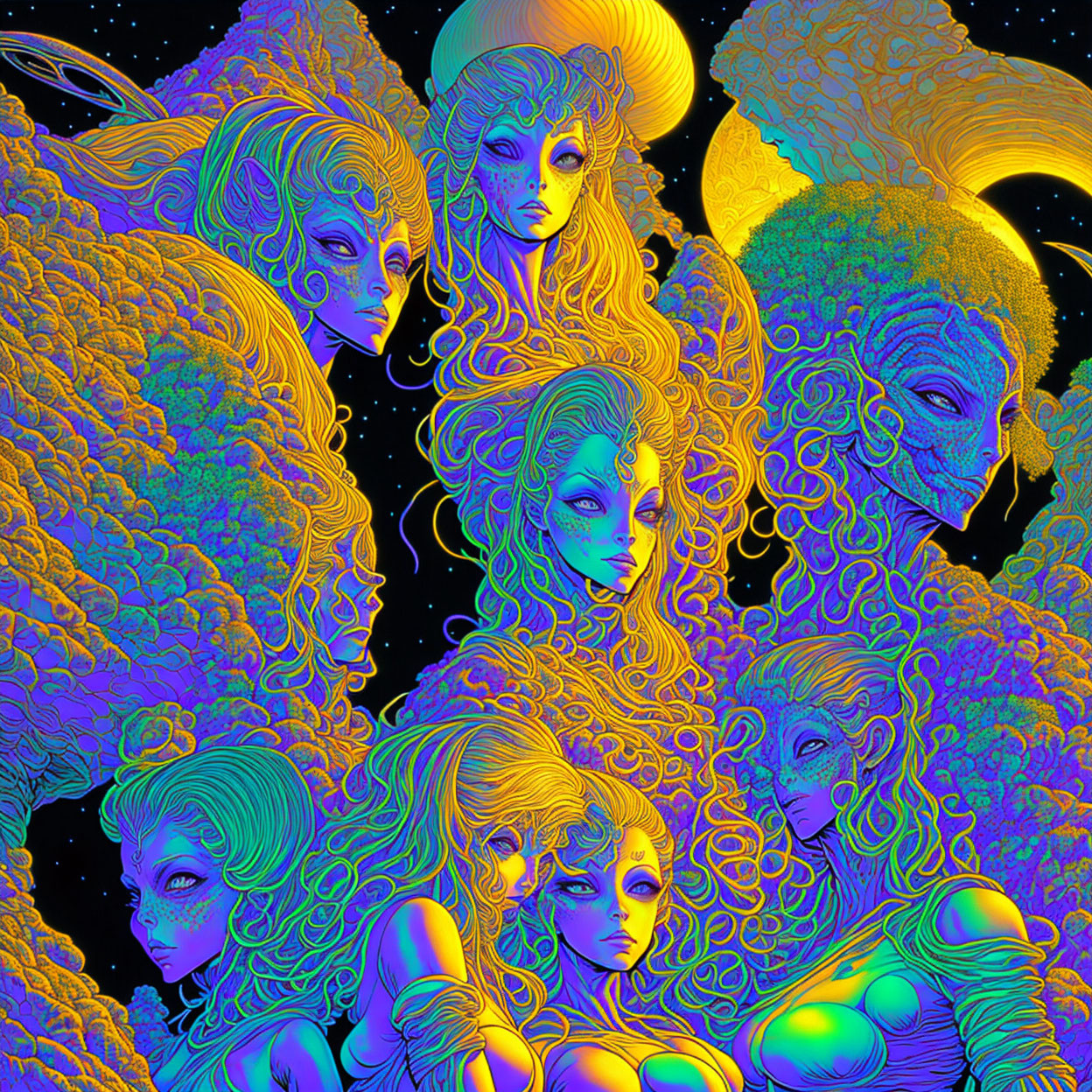 Colorful Psychedelic Artwork: Multiple Female Faces & Celestial Elements on Dark Background