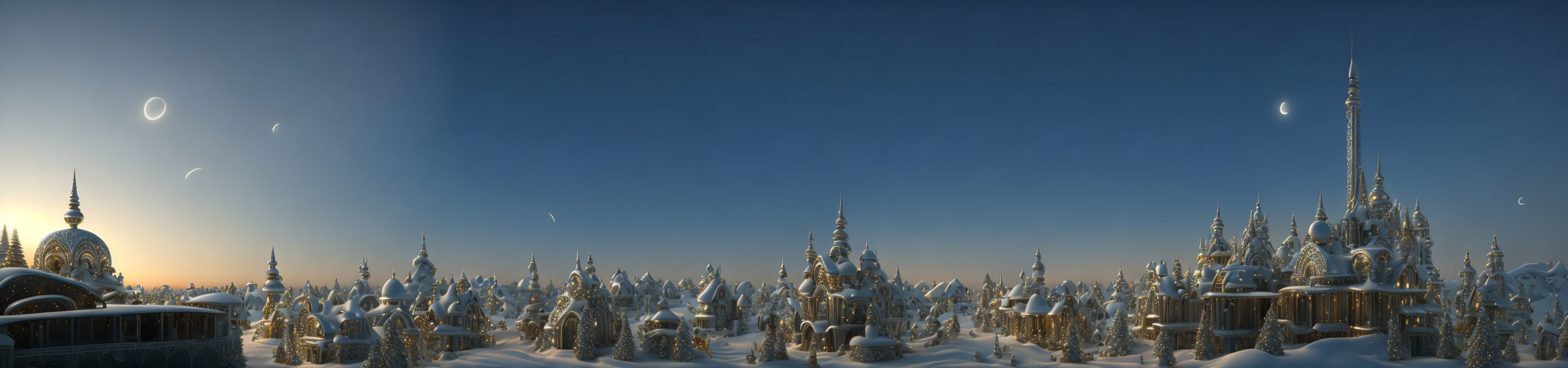 Fantastical ice-covered city with ornate buildings and spires