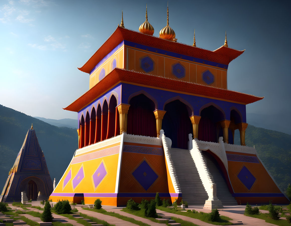 Colorful palace with gold domes against mountain backdrop at dusk