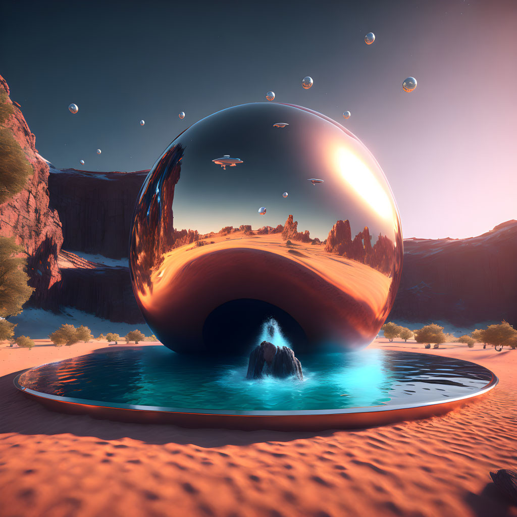 Spherical reflective object with hole in desert landscape at sunset