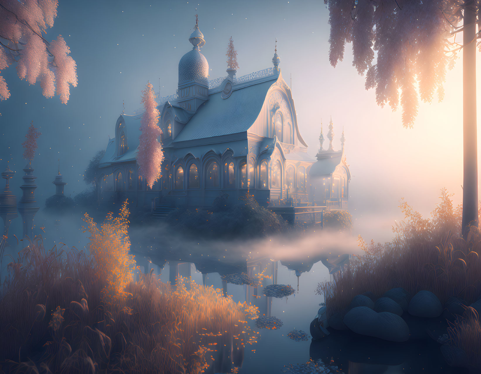 Serene fantasy landscape with ornate building by misty lake