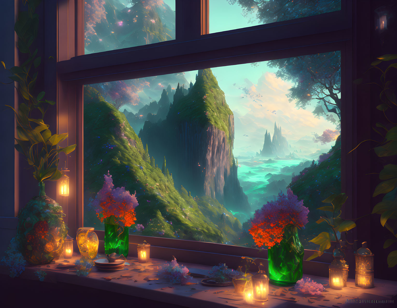 Tranquil fantasy landscape with flowers, candles, and lanterns at twilight