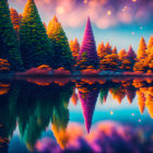 Colorful trees reflecting in water with misty background and sparkling lights