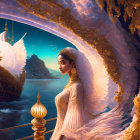 Regal woman in ornate dress gazes at sailing ship under golden archway