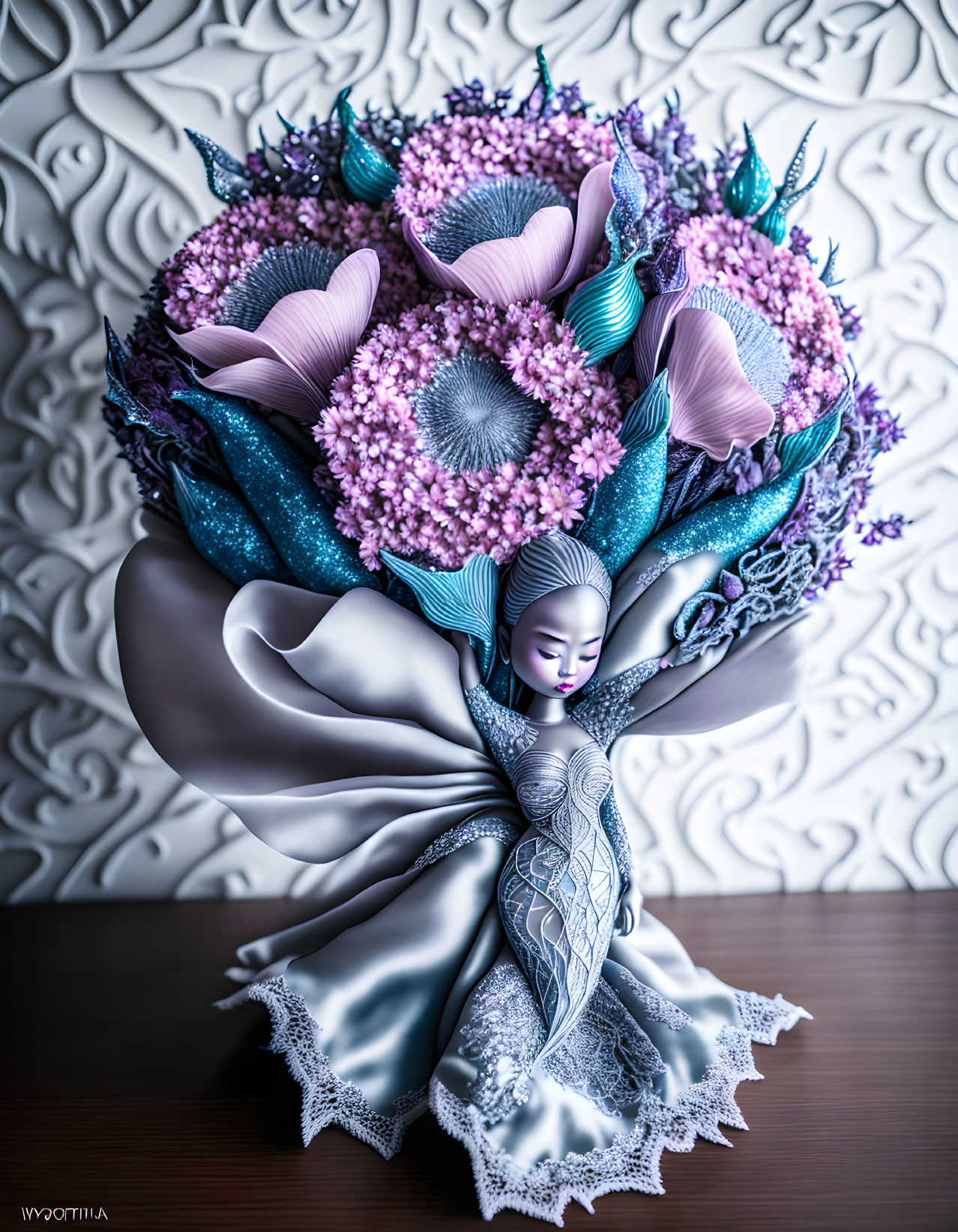 Detailed artwork: Woman merged with bouquet of flowers, intricate textures, soft purple, pink, and blue