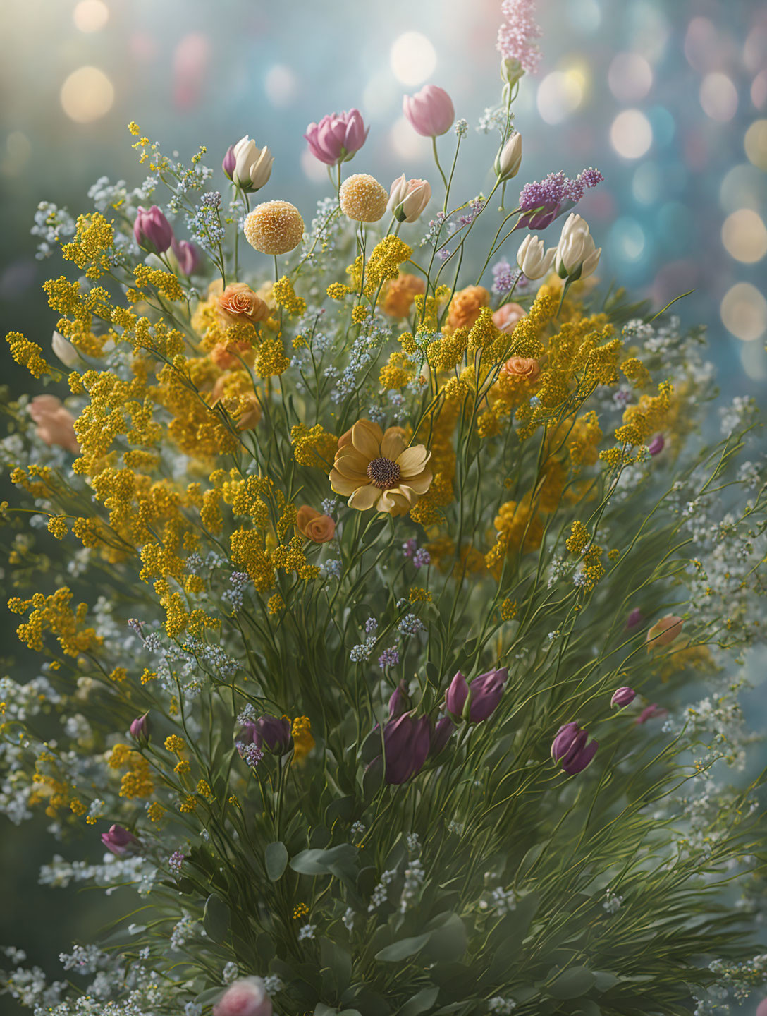 Colorful Tulips, Wildflowers, and Greenery on Bokeh Background