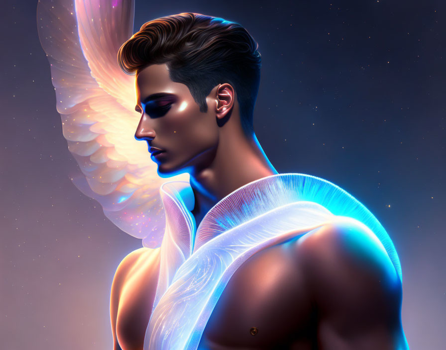 Digital Illustration of Person with Angelic Wing in Iridescent Light