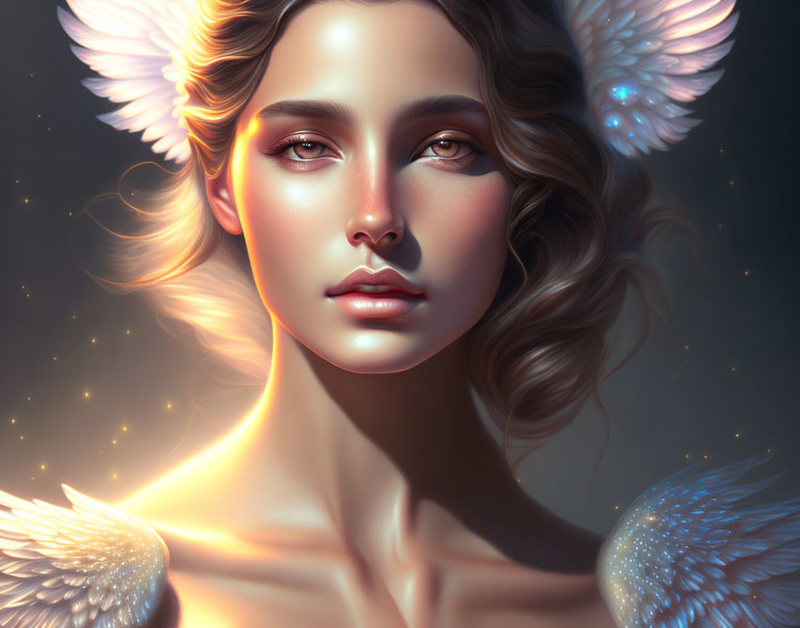 Digital Artwork: Woman with Angelic Wings and Mystical Aura