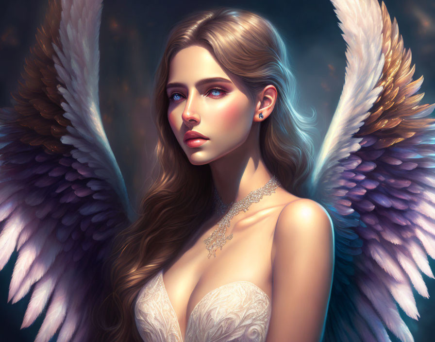 Digital Artwork: Woman with Angelic Wings and Serene Expression