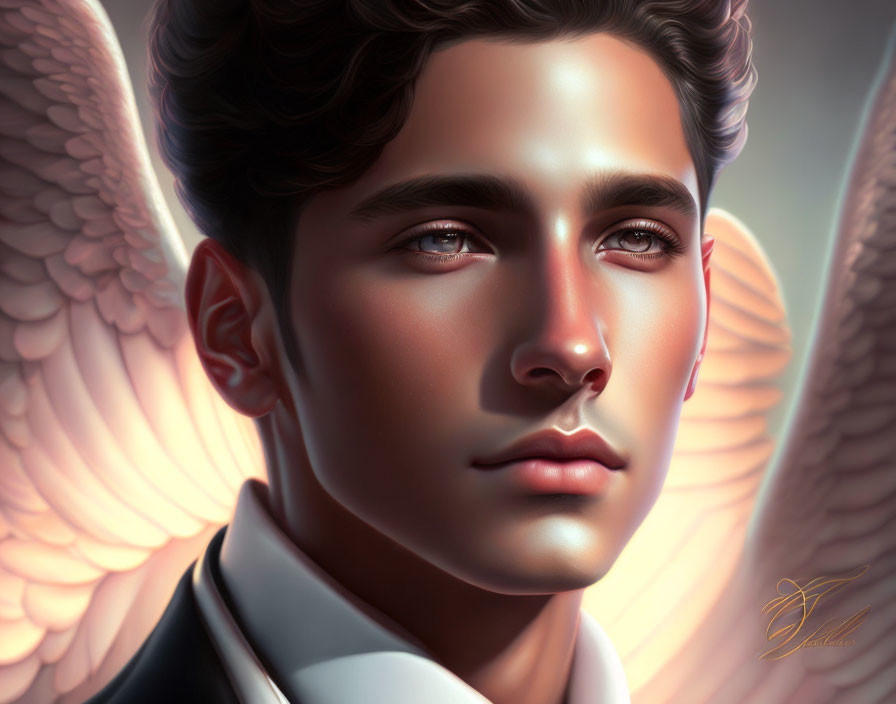 Detailed digital portrait of a young man with angelic wings and a suit