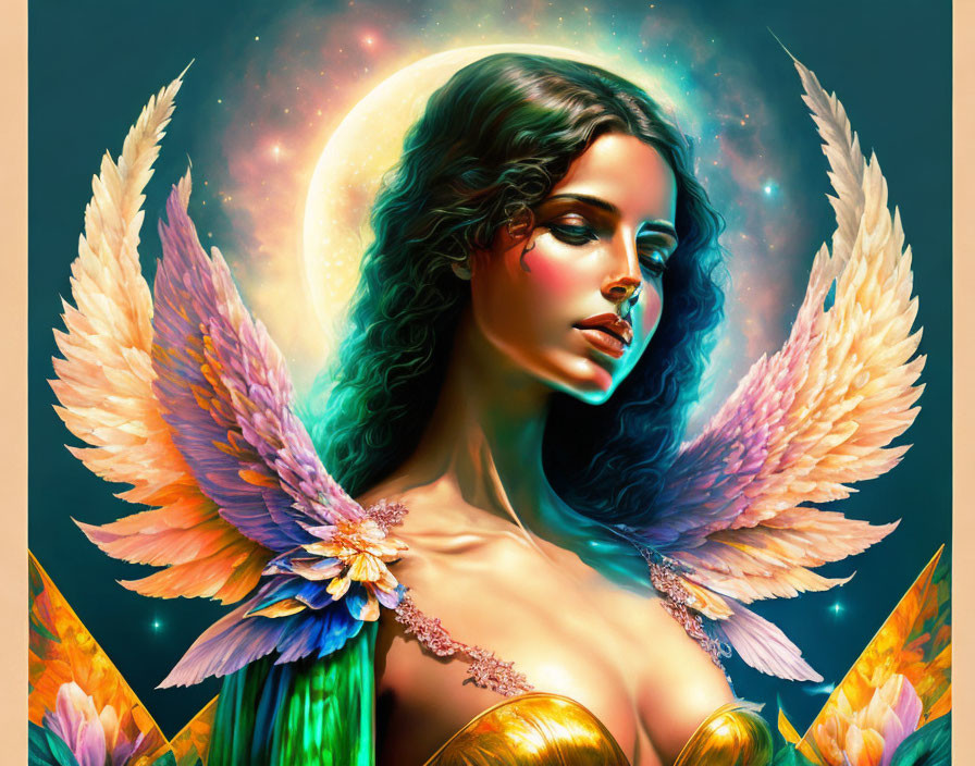 Colorful Artwork: Woman with Angel Wings, Cosmic Halo, and Exotic Feathers