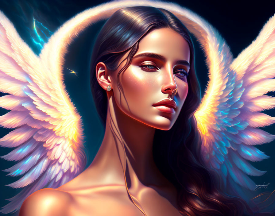 Digital Artwork: Woman with Luminous Angel Wings in Blue Ambiance