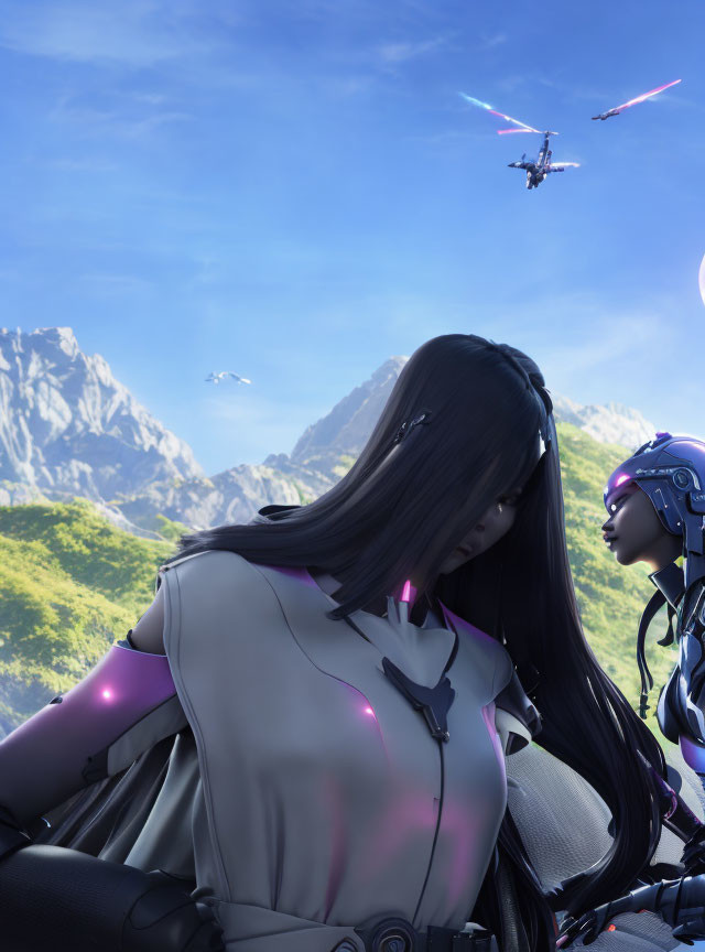 Futuristic digital artwork: Two characters in armor with purple visor, mountains, and flying craft