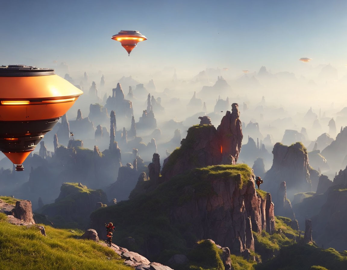 Sci-fi landscape with towering rock formations, greenery, flying vehicles, and figure in spacesuit